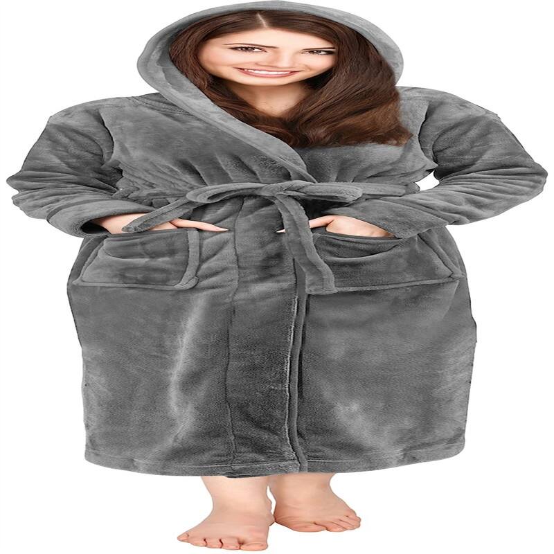 Women's Fleece Hooded Bathrobe Plush - Steel Grey