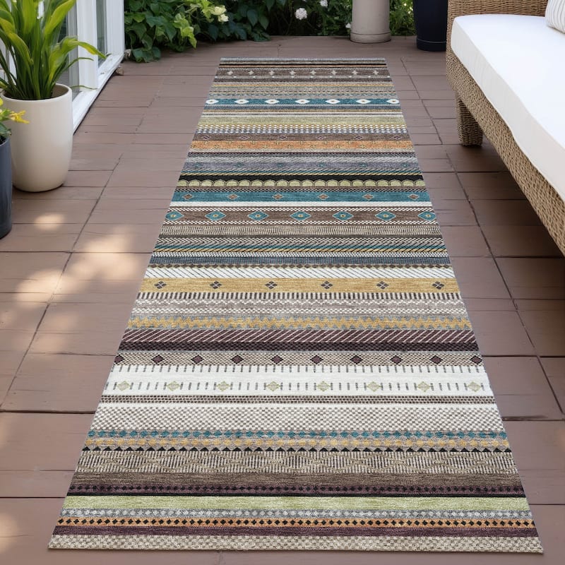 Machine Washable Indoor/Outdoor Boho Stripes Chantille Rug - Brown - 2'3" x 7'6"
