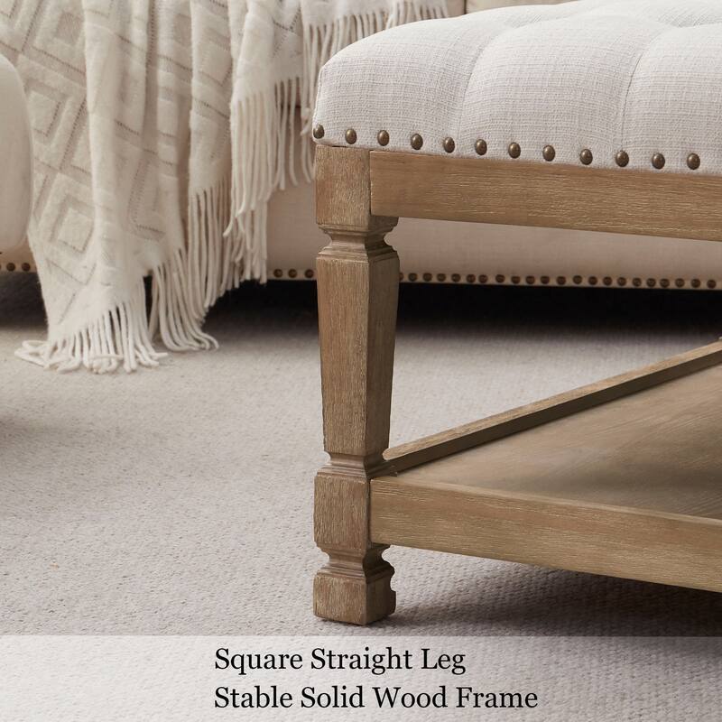 Button-Tufted Upholstered Coffee Table Ottoman with Wooden Shelf – Square Fabric Ottoman