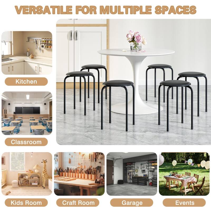 Javlergo Set of 6 Stackable Backless Stools PVC Padded Round Seats with Metal Frame Indoor Outdoor Use for Kitchen Livingroom