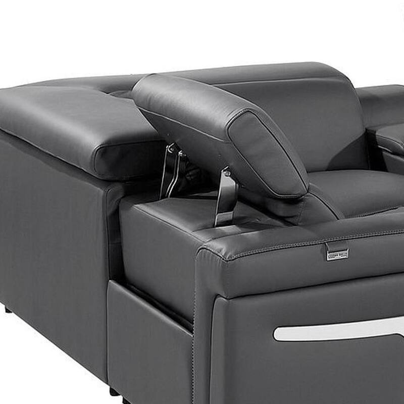 HomeRoots Dark Gray Italian Leather Power Reclining U Shaped Eight Piece Corner Sectional With Console