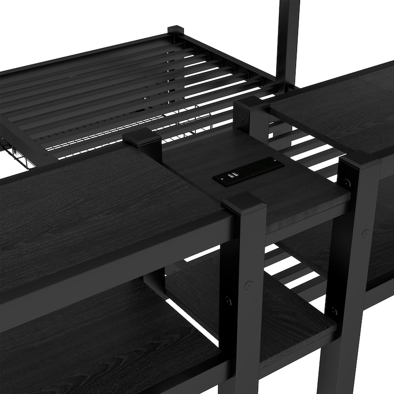 Full XL Over Twin & Twin Bunk Bed Multi-functional Metal Triple Bed Frame with Drawers, USB Ports, Storage Headboard and Shelves