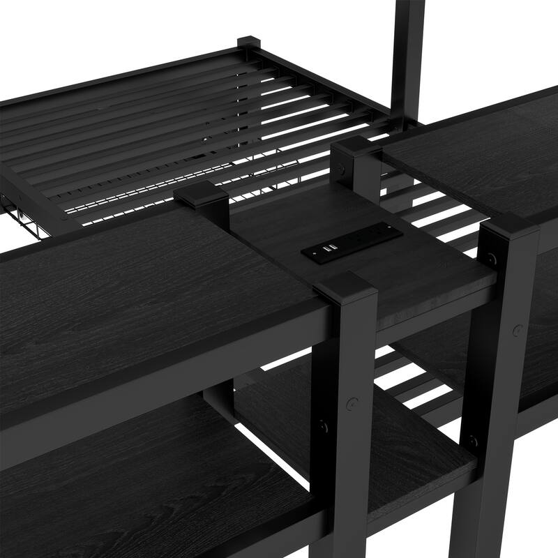 Full XL Over Twin & Twin Triple Bunk Bed with Drawers, Multi-functional Metal Frame Bed, Bed Head with Shelving & USB, Black