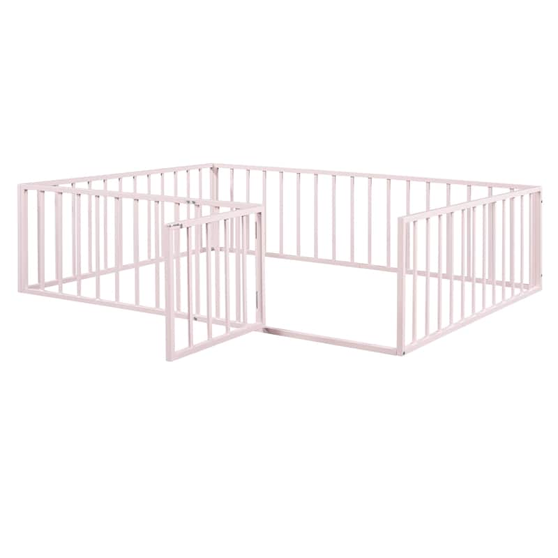 Queen Size Metal Floor Bed Frame with Fence and Door Bed Bath