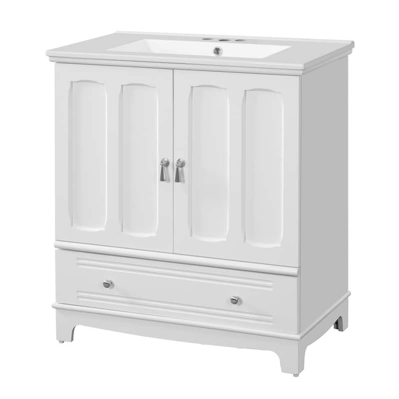30" Wooden Bathroom Ceramic Sink Cabinet with Shelf, Drawer with Divider