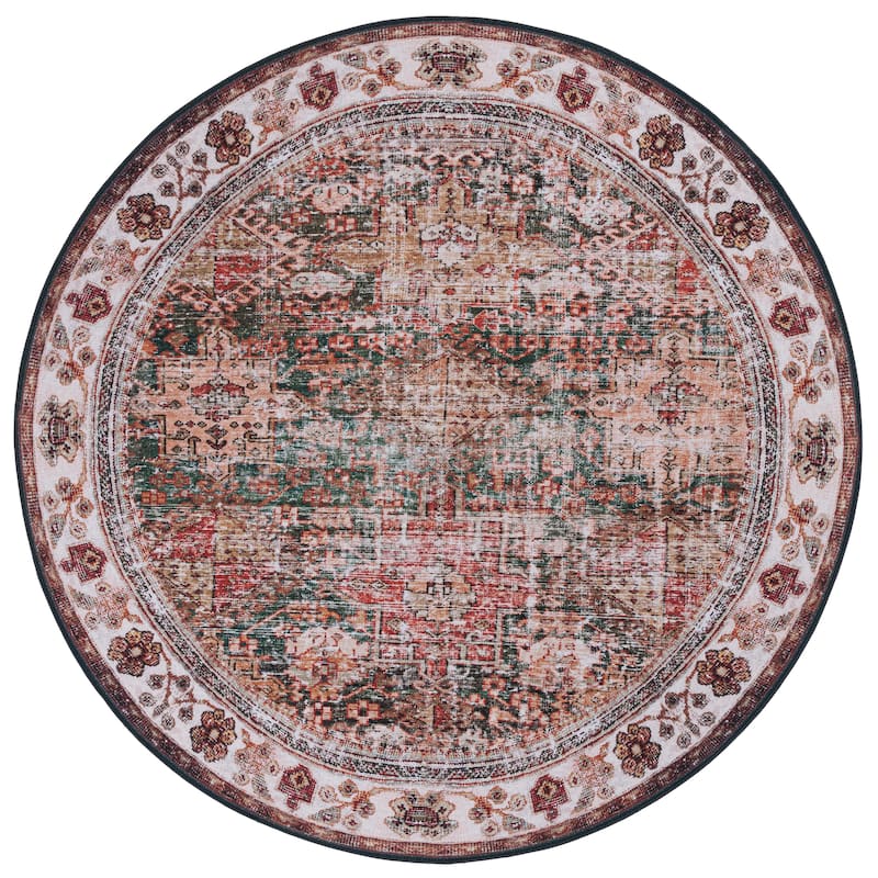 SAFAVIEH Tucson Machine Washable Slip Resistant Gena Oriental Rug - 4' Round - Ivory/Green