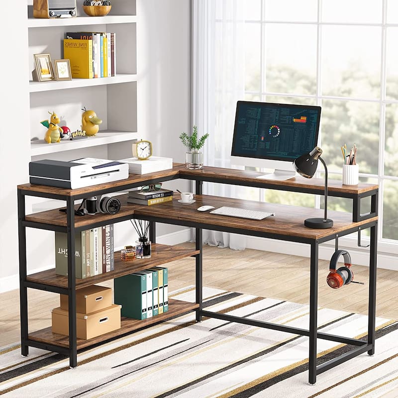 55/53 inch Reversible L Shaped Desk with Storage Shelf and Monitor ...