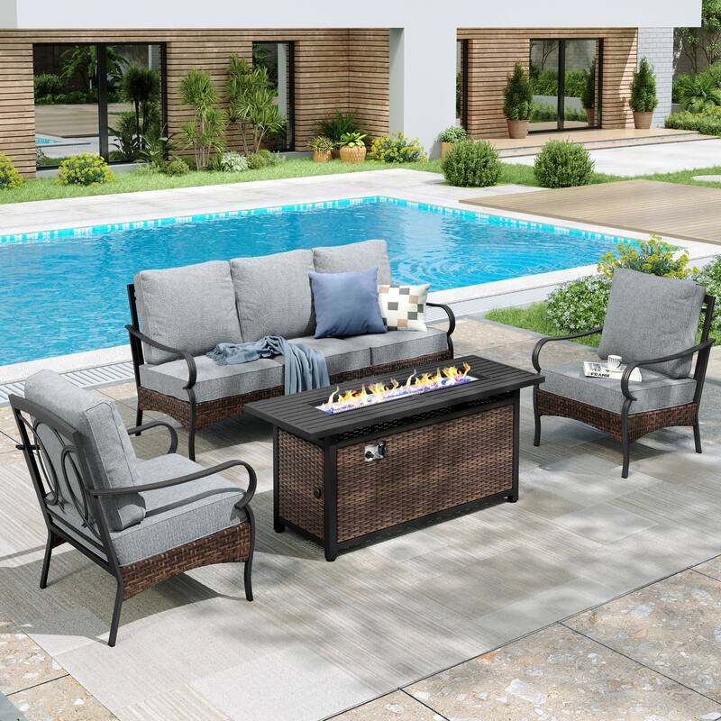 MAISON ARTS Patio Furniture Set with 56" Fire Pit Table, Deep Seating Sofa & Swivel, Rocking, and Fixed Chairs (5 Seats, Beige) - Fixed Chair - Grey