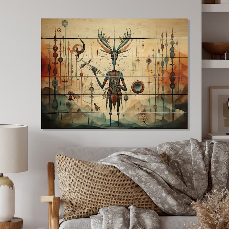 Designart "Native Art Kokopellis Melodies II" Native American Print on Natural Pine Wood