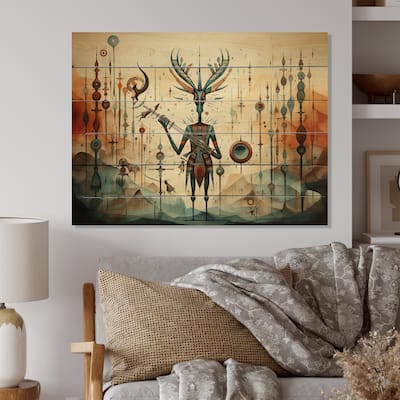 Designart "Native Art Kokopellis Melodies II" Native American Print on Natural Pine Wood