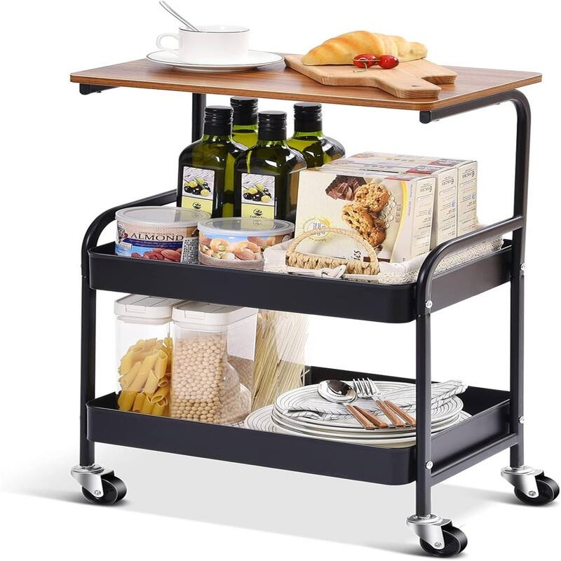 Utility Cart with Wooden Table Top 3 Tier Metal Rolling Storage Cart - 16"D x 8"W x 28"H