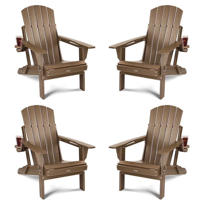 WINSOON All Weather HDPE Outdoor Folding Adirondack Chair With Cup Holder - Teak x4