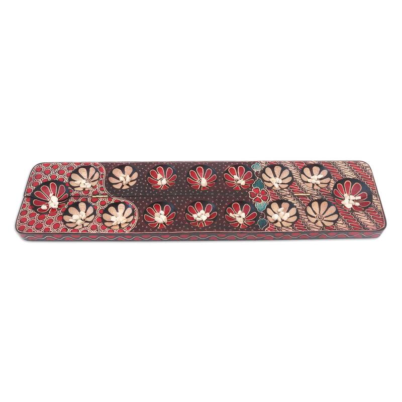 Novica Handmade Spirited Game In Red Batik Wood Mancala Game