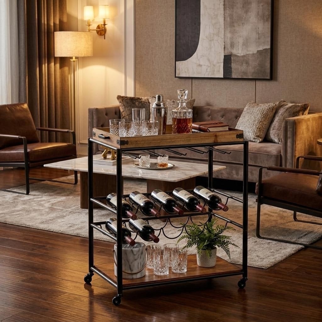 HomeRoots Brown and Black Metal And Solid Wood Rolling Bar Cart With Wine Storage - 28.00 in. x 32.50 in. x 16.00 in.