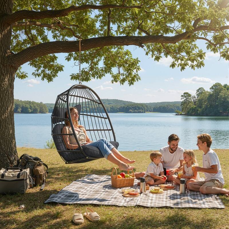 Outdoor Indoor Wicker Foldable Hanging Egg Chair Without Stand, Patio Swing Chair with Cushion, 350 lb Capacity