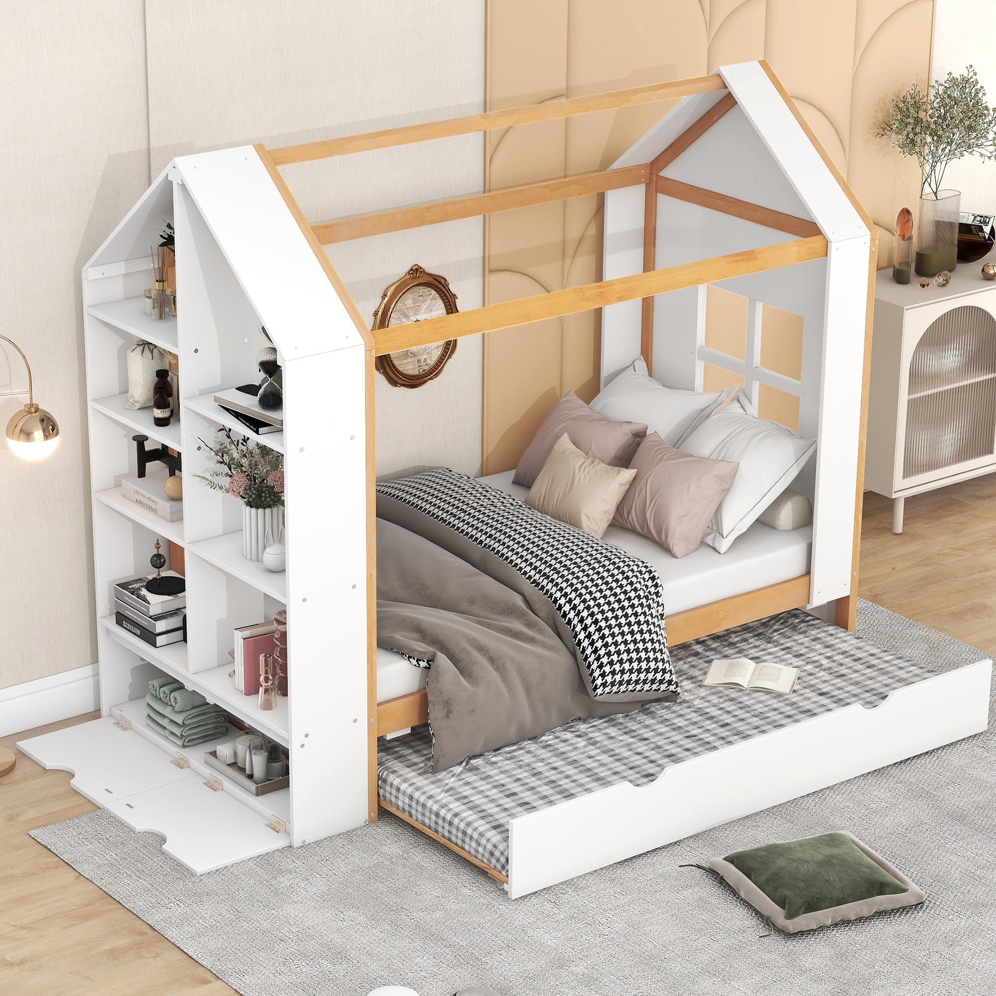 Twin Size House Bed with Twin Size Trundle Platform Bed with