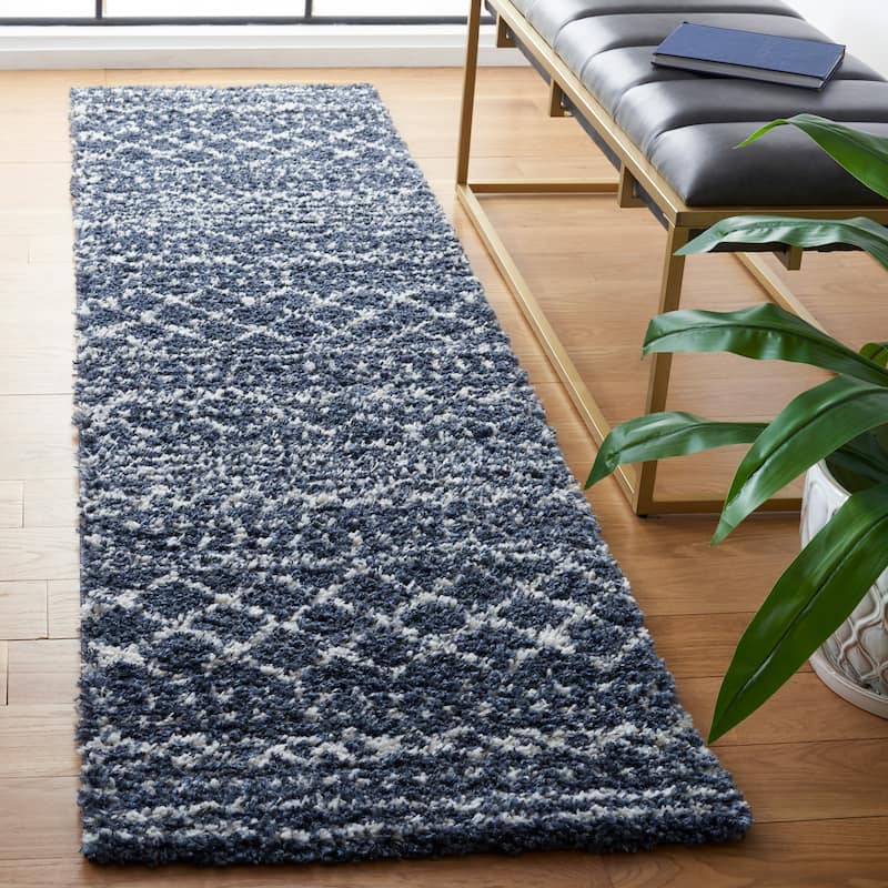 SAFAVIEH Arizona Shag Lotta Moroccan 1.2-inch Thick Rug - 2'3" x 8' Runner - Slate Blue/Ivory