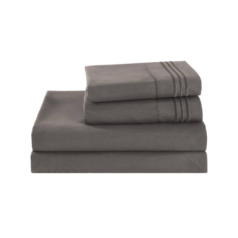 3/4 Pcs Soft Solid & Embroidery Bed Sheets Set - Queen - Dark Grey
