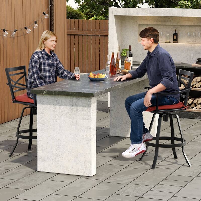 Outdoor Bar Stools Patio Cast Aluminum Swivel Barstools with Sunbrella Cushion - 2-piece set, red cushion