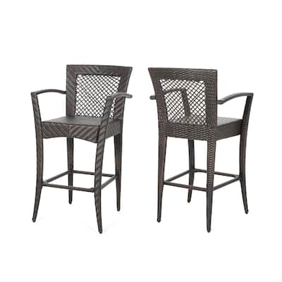 Fela Outdoor Barstool Chair Set of 2, Wicker Woven, Brown Iron Frame