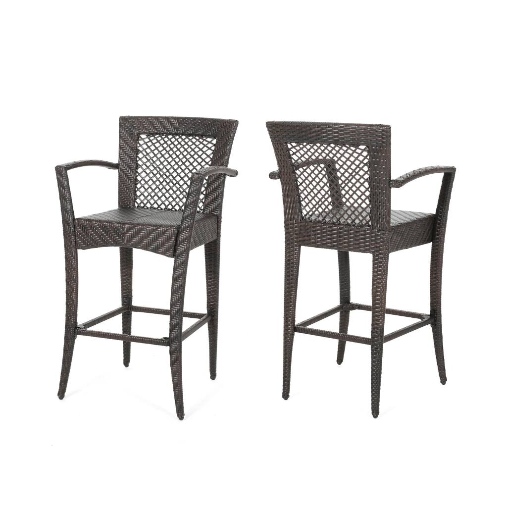 Fela Outdoor Barstool Chair Set of 2, Wicker Woven, Brown Iron Frame