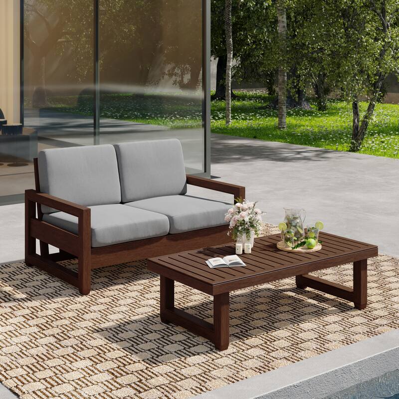 Outdoor Patio Loveseat Table Set Teak Wood with Cushion - Dark Wood - Light Grey