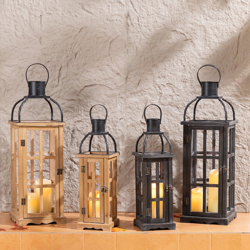 Glitzhome Farmhouse Wooden Metal Cage Candle Holders Patio Hanging Vintage Lanterns (Set of 2)