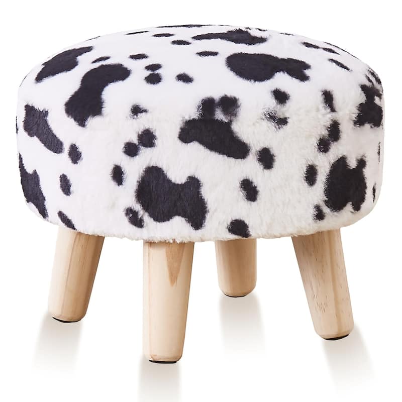 Plush Faux Fleece Round Ottoman Footstool with Wooden Legs and Cozy Seat for Living Room
