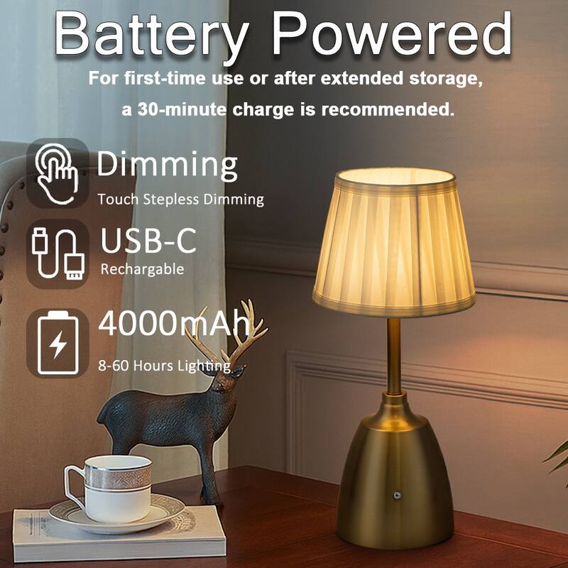 Classic Rechargeable LED Table Lamp with Fabric Shade Touch Control USB Cordless Nightstand Light for Nightstand Room - W6.3‘’
