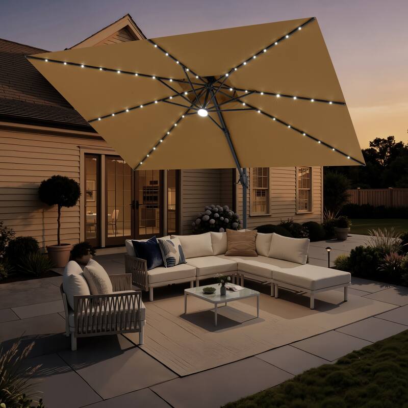 12 x 9 FT Outdoor Patio Cantilever Umbrella with Solar Lights Double Canopy 360 Rotation Tilt