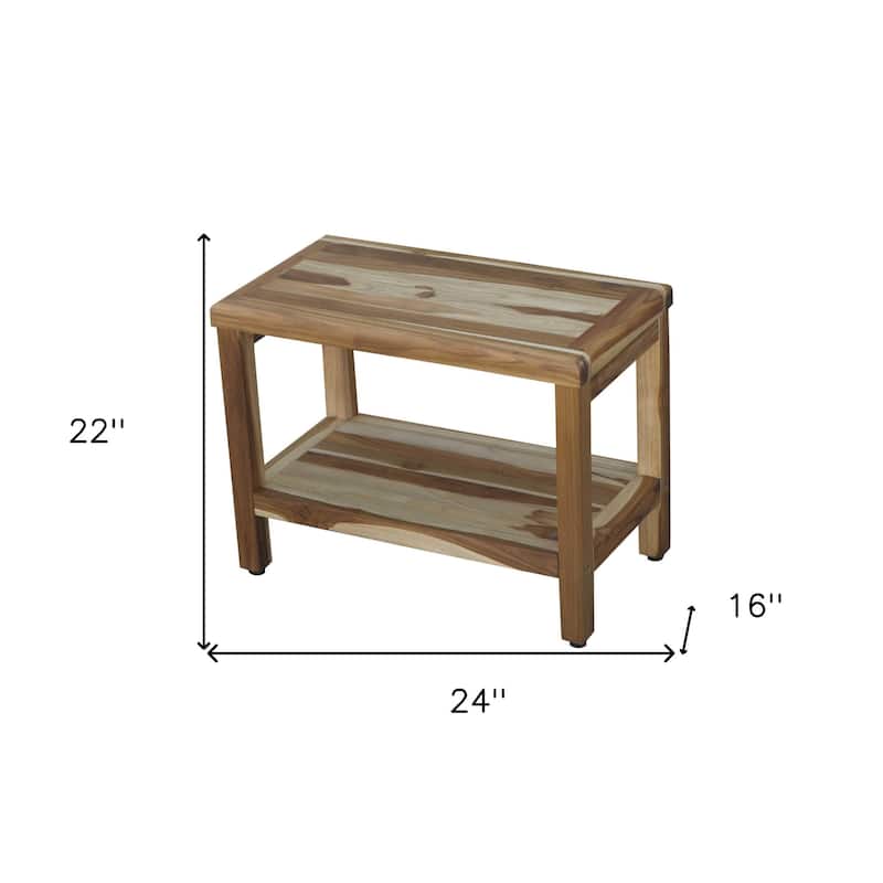 HomeRoots 24" Natural Teak Rectangular Shower Bench With Shelf