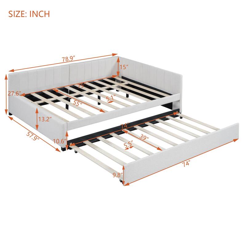 L-Shaped Backrest Daybed Upholstered Daybed Frame Classic Wood Slats Design with 2 Storage Drawers or Trundle, Full Size