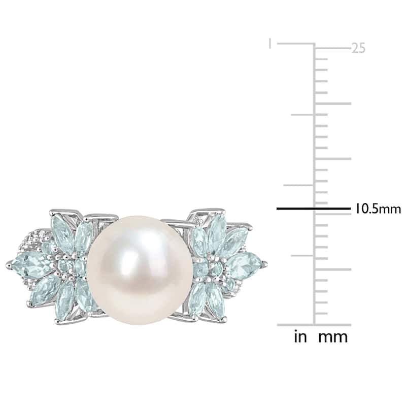 Miadora 9-9.5mm Cultured Freshwater Pearl and 3/5ct TGW Aquamarine and 1/8ct TW Diamond Flower Ring in 14k White Gold