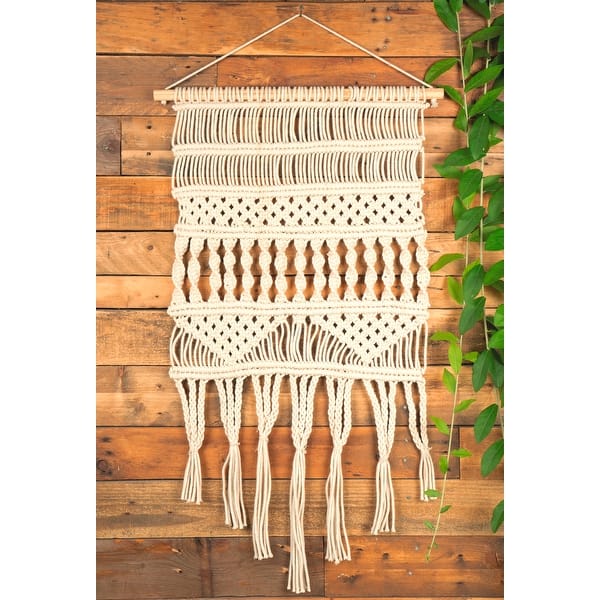 slide 2 of 3, Loominaire Rustic Macrame Wallhanging "Serengeti" Hand Woven of Cotton - 16"x32" 16"x32"