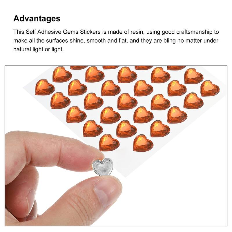 144 Pcs Heart Rhinestone 10mm Self Adhesive Gems Stickers Orange