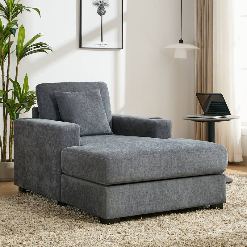 Modern Style Chaise Lounger Sofa Couch ,with Pillows, Charge Station & Cup Holders