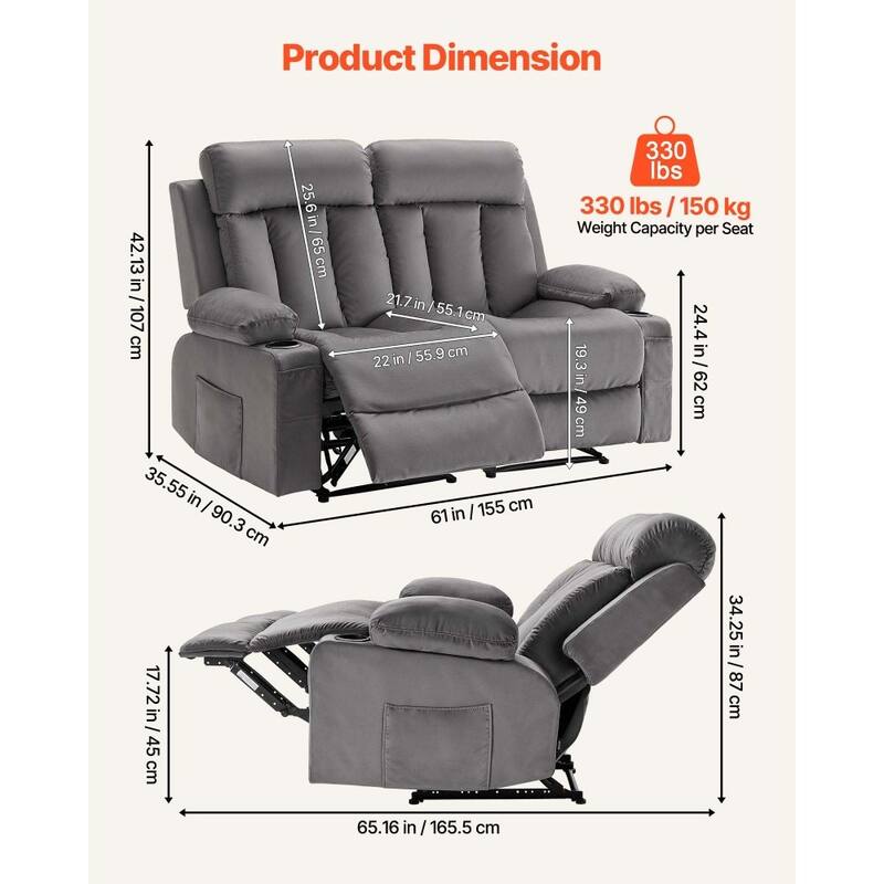 Grey Velvet Electric Recliner Loveseat with Massage, Heating and USB Ports - 61 x 35.55 x 42.13 in