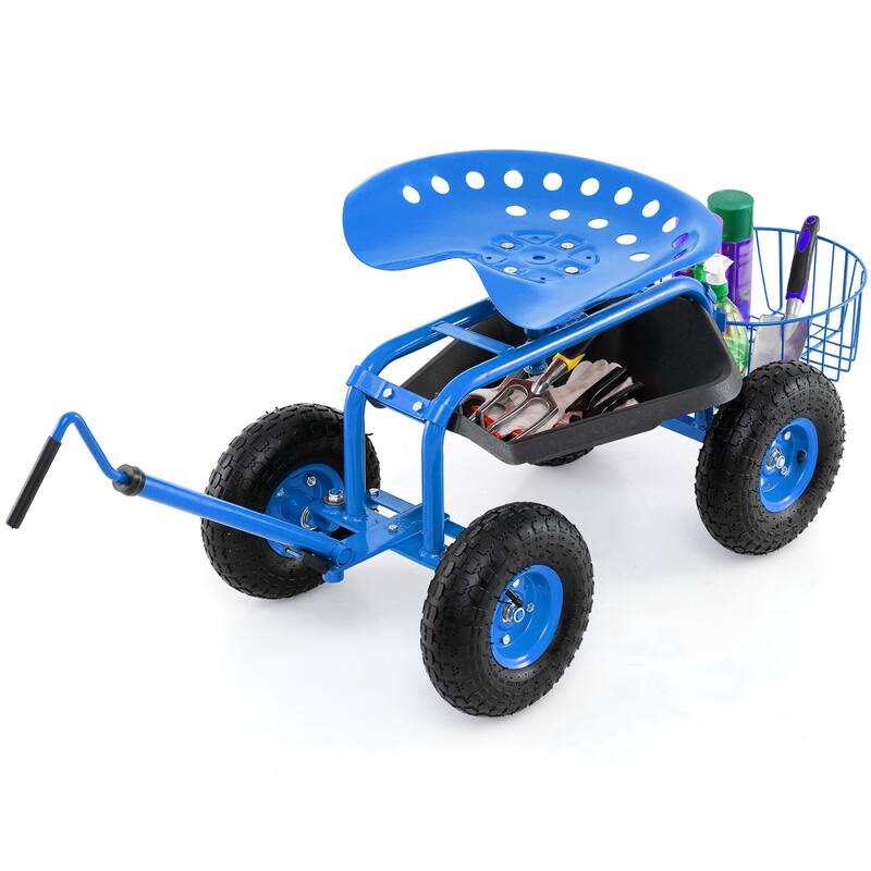 Gymax Rolling Garden Cart Scooter w/ Adjustable Seat Storage Basket - Blue