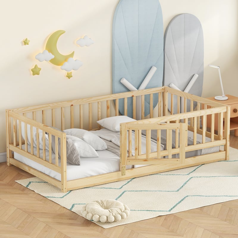 Twin Size Montessori Floor Bed with Fence, Door, and Slats for Kids, Natural Oak Finish - Oak