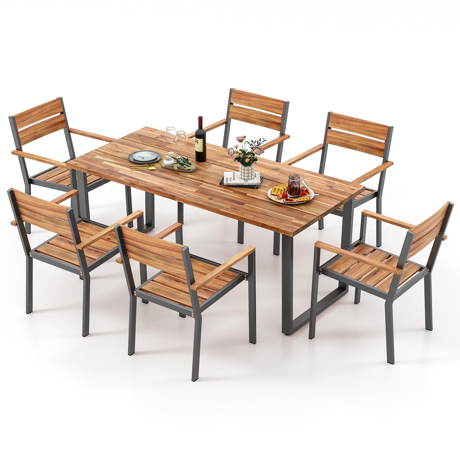 Gymax 7 Piece Patio Dining Set 69'' Rectangle Table w/ 6 Stackable