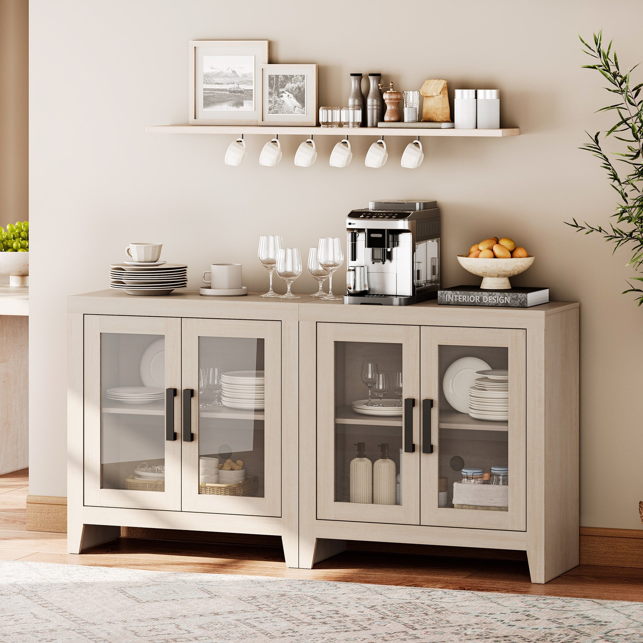 WAMPAT Modern Farmhouse Modular Buffet Cabinet, Glass Door Sideboard with Adjustable Shelves