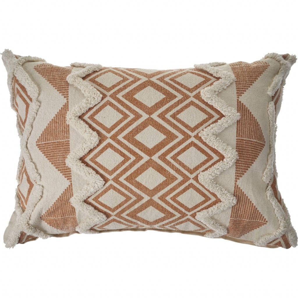 HomeRoots 14" X 36" Orange And Cream 100% Cotton Geometric Zippered Pillow
