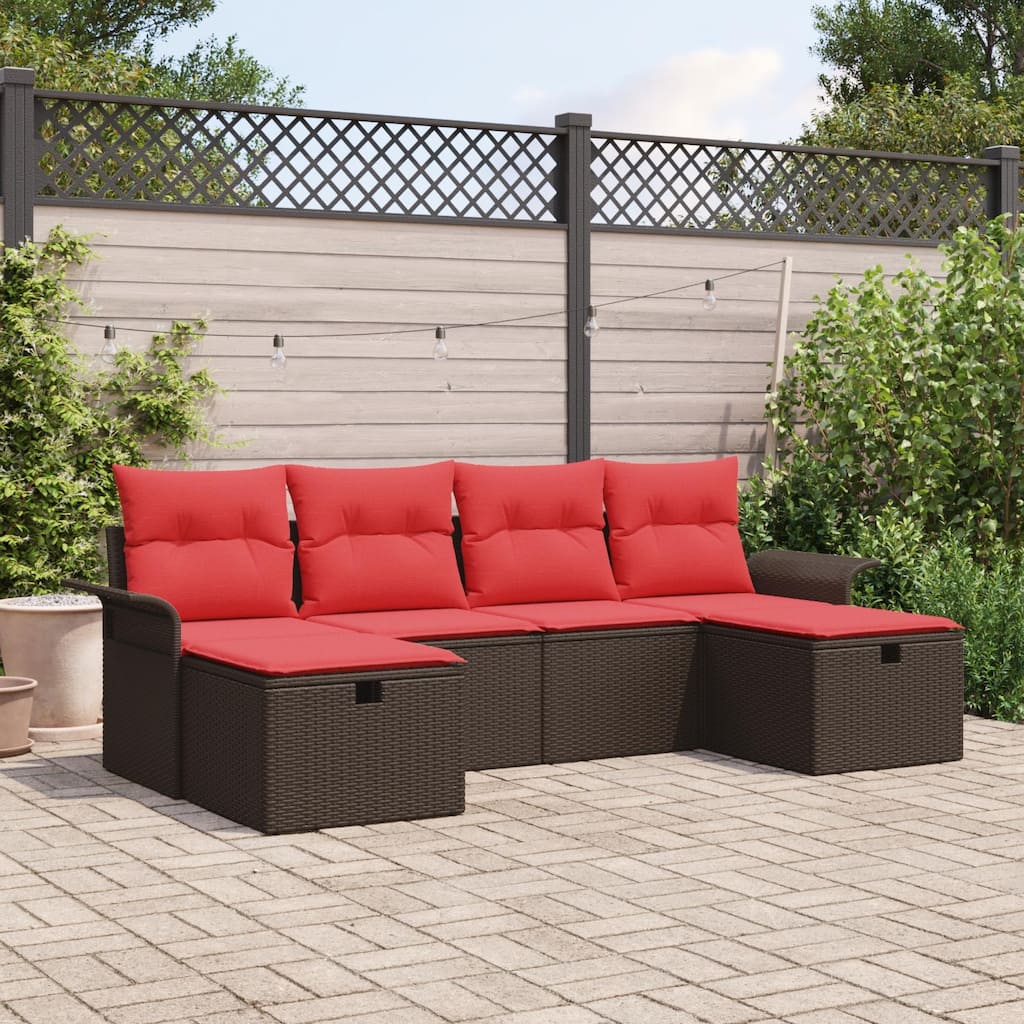 vidaXL 6 Piece Garden Sofa Set with Cushions Brown Poly Rattan - 98.8 x 46.1 x 27.2