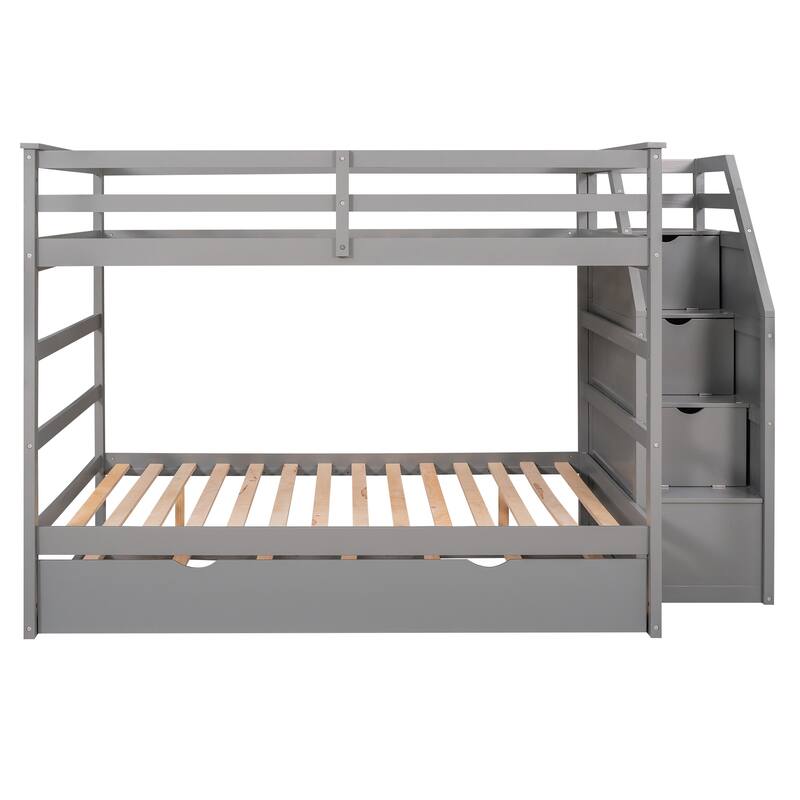 Bunk Bed with Trundle with Safety Guardrail and 3 Storage Stairs, Triple Bunk Multifunctional Space-Saving Solution for Bedroom
