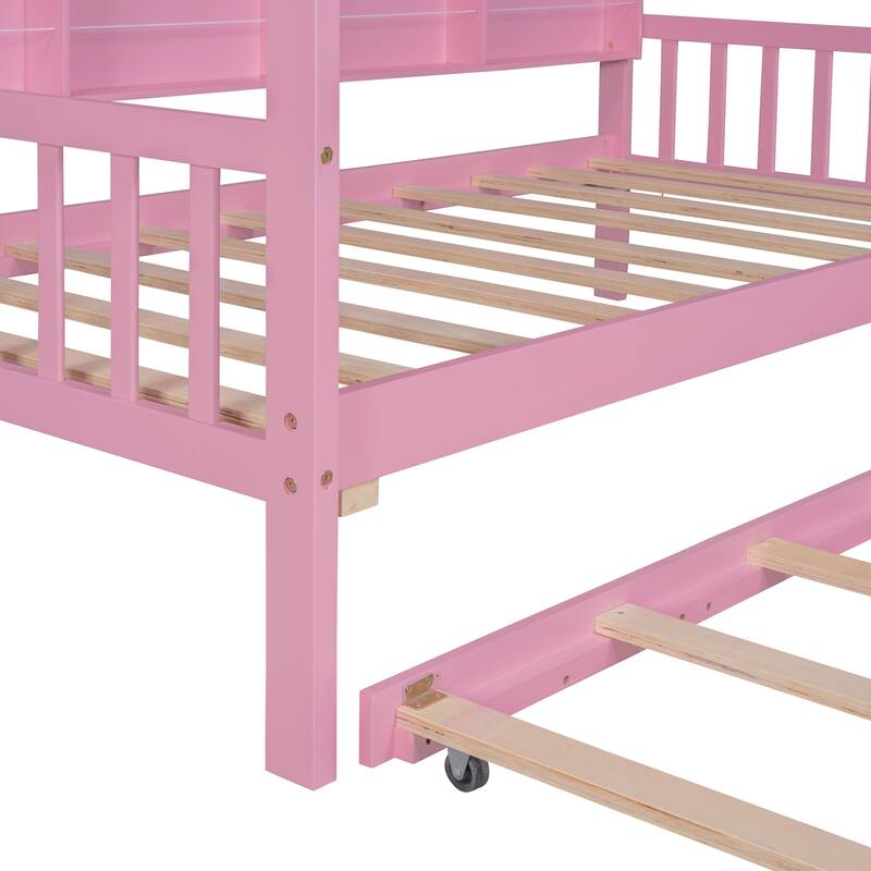 Pine Kids House Platform Bed with Trundle, Shelf, and Roof