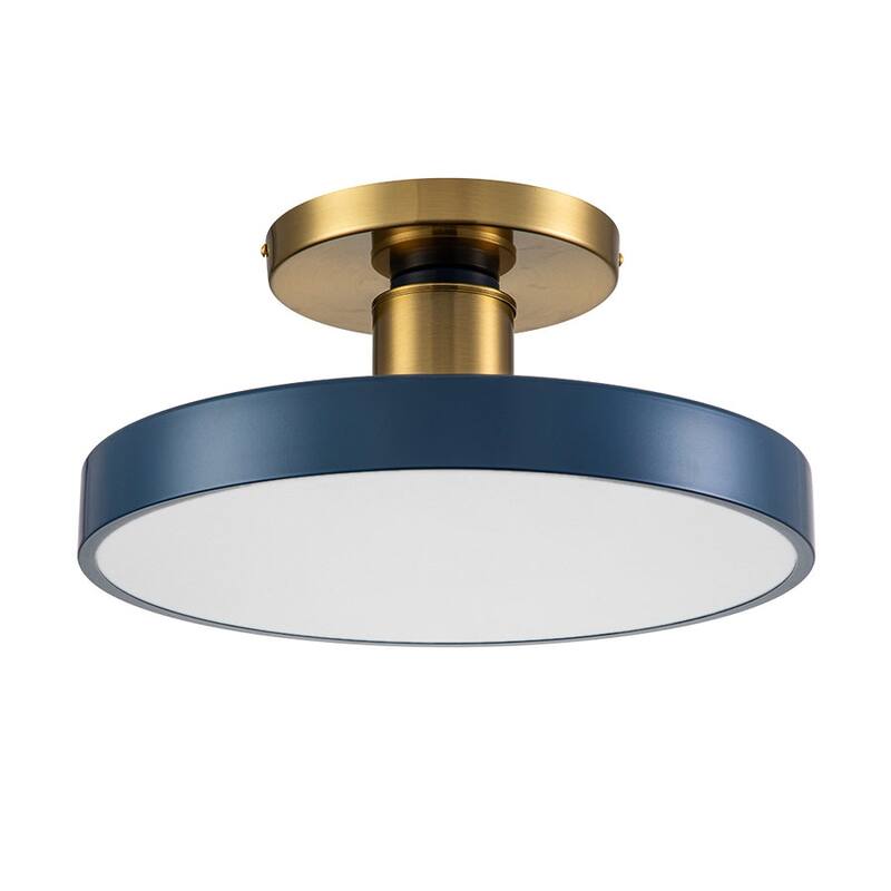 Modern Brass Blue Round LED Semi Flush Ceiling Light 15.7in
