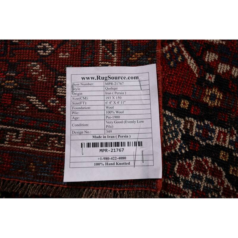 Pre-1900 Antique Qashqai Persian Area Rug Hand-Knotted Wool Carpet - 4'11"x 6'4"
