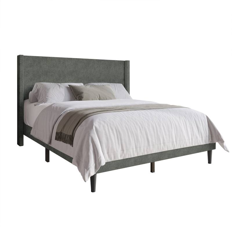 Clayfell Bangor Upholstered Wingback Platform Bed, Linen, No Box Spring Required