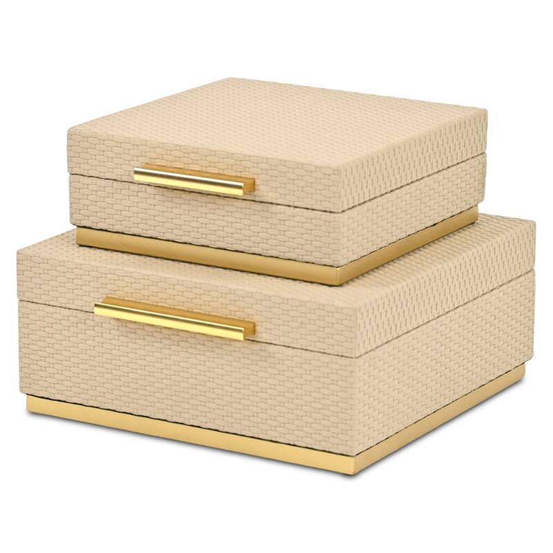 Tamsin Set of 2 Square Decorative Storage Boxes - Wicker Weave Pattern with Gold Hardware