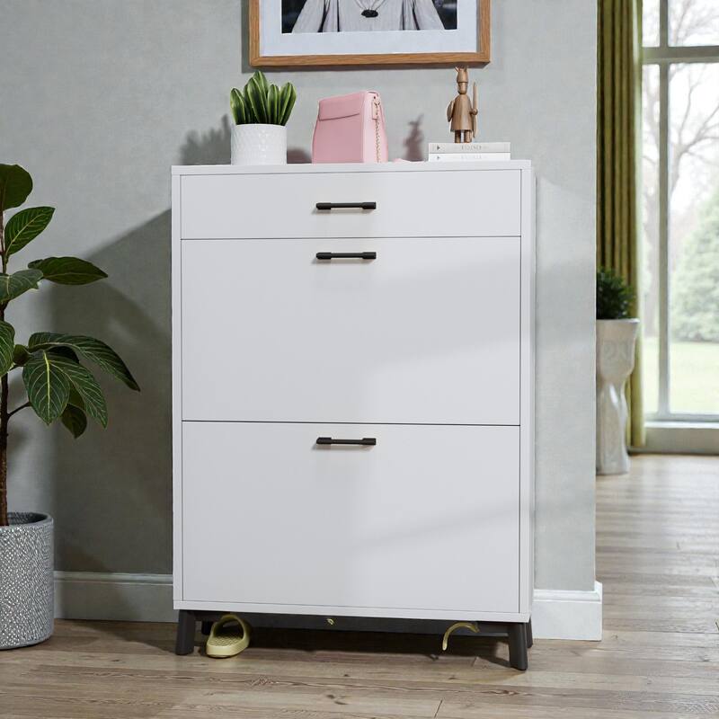 Shoe Storage Cabinet with 2 Flip Drawers, Freestanding Hidden Shoe Organizer with Metal Legs for Entryway - White